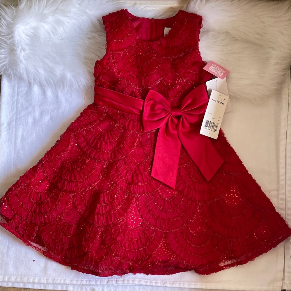 Rare Editions Red Lace Party Dress with Satin Bow. Brand New With Tags.